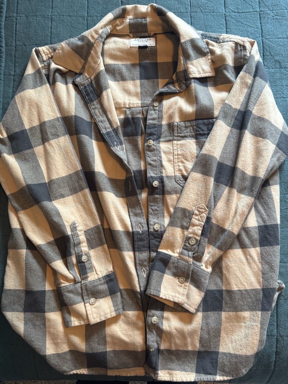 American Eagle Tan Plaid Button-Down Flannel Shirt